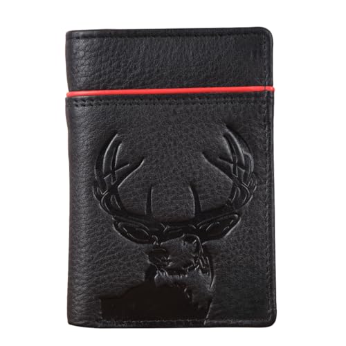 Men’s Trifold Leather Wallet with Deer Emboss & Red Accent Trim | Full-Grain Nappa Leather | RFID Blocking Slim Card Holder | Gift for Husband, Dad, Boyfriend - style: Red Edge Deer
