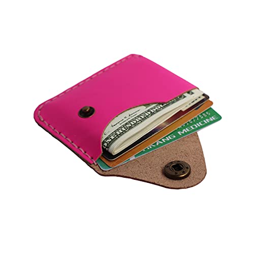 Handmade Genuine Leather Simple Card Holder with Snap Button - Ultra - Thin and Stylishcard case (Rose red) - color: Rose red