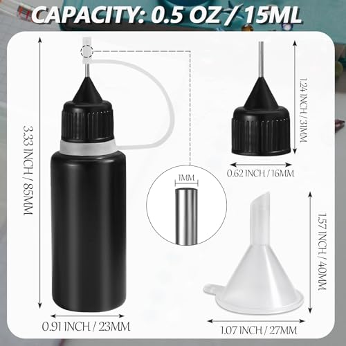 HARSKIYER 15ml Precision Tip Bottles, 10 Pcs Black 2 Funnels | 1mm Metal Tip Draws 0.5mm Fine Lines, Cap Seals Tight To Stop Drying, Flex Body Resists Cracks, For Glue Ink And Paint - size: 15ml