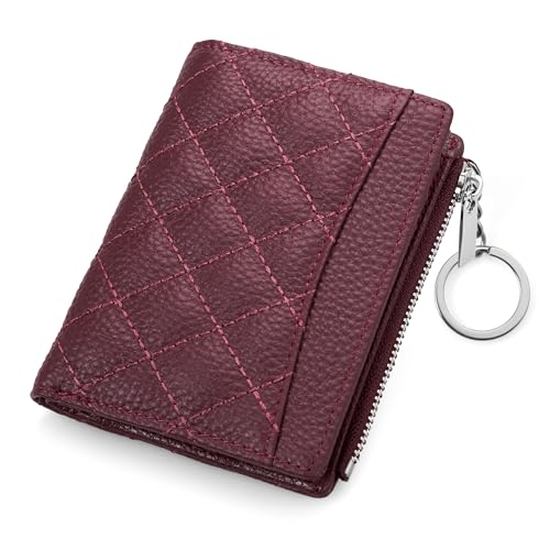 befen Real Leather Small RFID Blocking Wallet for Women with Credit Card Holder Zipper Coin Pocket Key Chain Wallets - Burgundy Red - color: Burgundy Red