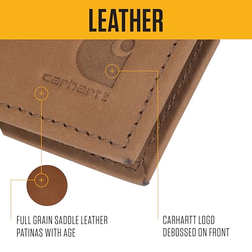 Carhartt Men’s Full Grain Saddle Leather Wallets, RFID Blocking Bifold, Trifold, and Front Pocket Options, Gifts for Men - color: Black (Bifold)