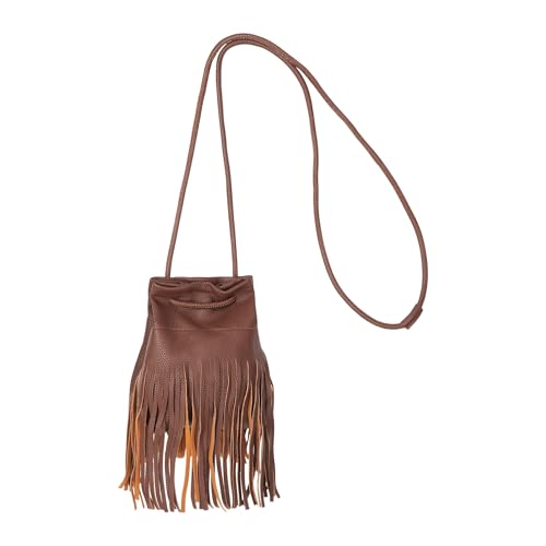 Women Mini Tassel PU Leather Crossbody Shoulder Bag Drawstring Bucket Bag | Small Fringe Cross body Bag Cell Phone Coin Purse Wallet - color: Coffee