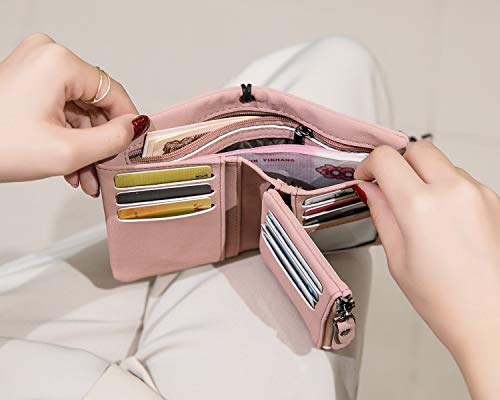 AOXONEL Women's Small Bifold Leather wallet Rfid blocking Ladies Wristlet with Card holder id window Coin Purse - color: Pink3