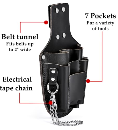 Small Tool Pouch, Genuine Leather Electrician Tool Pouch | 7 Pockets with Metal Tape Chain, Reinforced Rivets, Convenient & Quick Tool Access - color: black-b