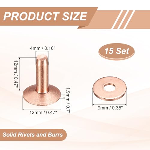 HARFINGTON 15Set Copper Rivets and Burrs Washers 12x4x12mm Dimpled Finish Solid Leather Rivet Fastener Studs Posts for Leather DIY Craft Belts Wallets Collars, Copper Tone - color: Copper Tone, size: 12x4x12mm