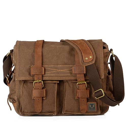 Canvas Messenger Bag, Vintage Genuine Leather Shoulder Bag, Briefcase Crossbody Satchel Purse Laptop Bag Medium | Vintage - color: Brown