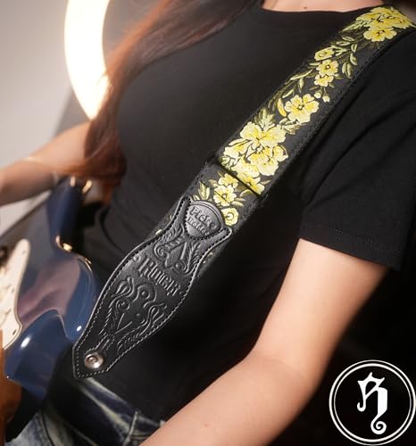 rockyou 2 Inch Woven Jacquard Embroidery Bass Guitar Strap With 4 Picks Pocket Suede Genuine Leather End (Vintage Yellow Rose) - color: Vintage Yellow Rose