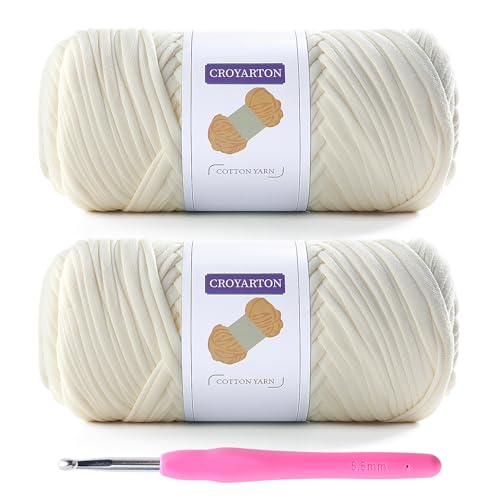 2 Pack T Shirt Yarn for Crocheting with 1 Crochet Hook, Elastic Tshirt Yarn for Crochet Bag/Baskets/Home Decor, Spaghetti Yarn Thick Knitting Yarn Total Length 130 Yds, Weight 14 Oz (Cream) - color: Cream