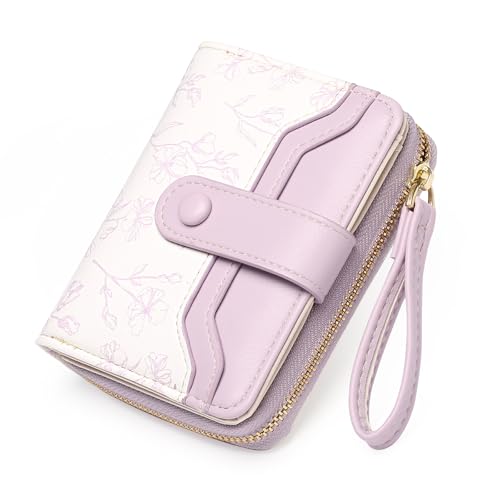 GAEKEAO Small Wallet for Women Leather RFID Blocking Bifold Zipper Pocket Credit Card Holder Purse Wallets with ID Window - color: Purple & White