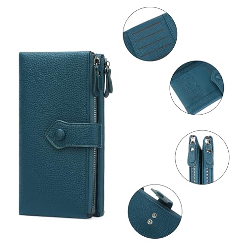 Women Soft Leather Wallets Slim Bifold RFID Blocking Ladies Credit Card Holder Double Zipper Pockets - color: B02 Grayish Green