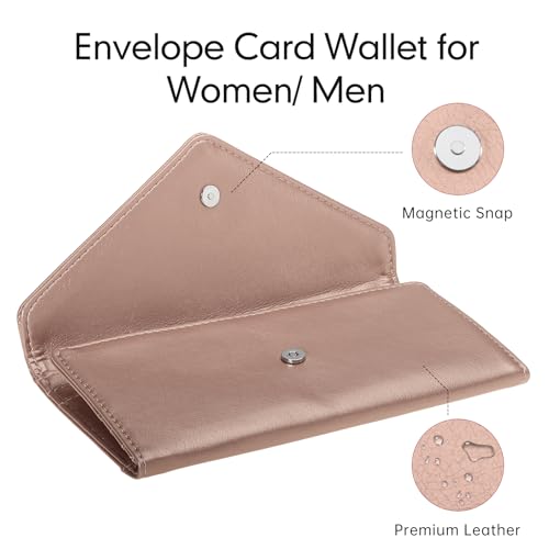 Envelope Wallets for Women Leather Credit Card Holder with RFID Blocking,2 ID Window, Zip Coin Pocket, Rose Gold - color: Rose Gold