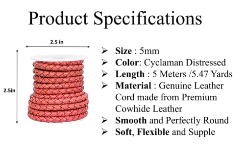 GENIQUE Real/Genuine Round Braided Leather Cord String Rope Folded, Leather Rope for Crafts, Jewelry Making, Necklace, Bracelets (Cyclaman Distressed, 5mm) - color: Cyclaman Distressed, size: 5mm