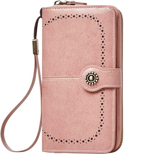 TFKGS Wallet for Women RFID Blocking Leather Large Capacity Card Holder Ladies Phone Clutch Travel Long Purse Wristlet | RFID Blocking - color: 2-Upgrade-Wax-Pink