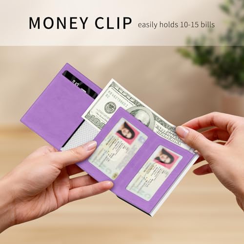 RFID Wallet Women: Stylish Security Metal Wallet for 10-12 Cards & 2 ID Windows - Smart Pop-Up Credit Card Holder & Cash Slot in Compact Trifold Design,Gift for Her(Purple) - color: Purple