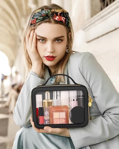 Soimeat Clear Makeup Bag, Portable Travel Cosmetic Bags, Multipurpose Leather Toiletry Bag with Zipper, Waterproof Transparent Cosmetic Organizer for Women, Medium, Black - color: Black, size: Medium