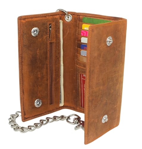 RFID Blocking Mens Tri-fold Long Style Crazy Horse Leather Steel Chain Wallet, (Skull Tan) - color: Skull Tan