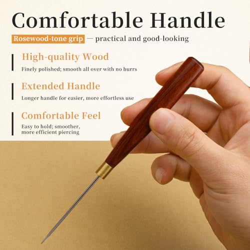 Diudus 3 Sizes Sewing Awl Tool, Leather Sewing Awl with Wooden Handle - color: 3 Pack Wood Color (Different Sizes)