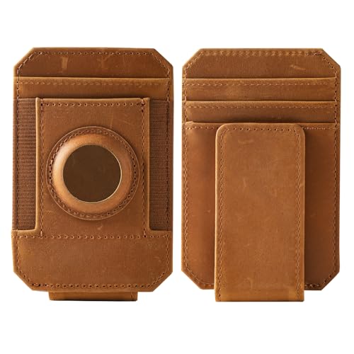 Crazy Horse Leather Money Clip Wallet with Holder Compatible with Air Tag.(Light Brown) - color: Light Brown