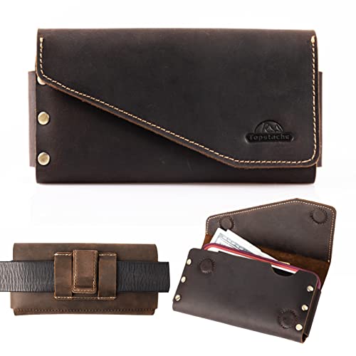 Topstache Leather Cell Phone Belt Holder for Galaxy S25/S24, iPhone 17/17 Pro - Belt Clip Leather Phone Holster - Fit with Protective Case - ID/Credit Card Holder Clip Pouch, L,Darkbrown - color: Belt Clip-Darkbrown, size: Large