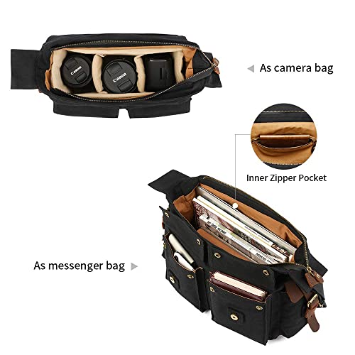 Kattee Vintage Leather Canvas DSLR SLR Camera Bags for Men | Leather & canvas, vintage. Adjustable padded dividers fit DSLR/lenses. Card pockets. Ideal for travel, office & daily - color: Black