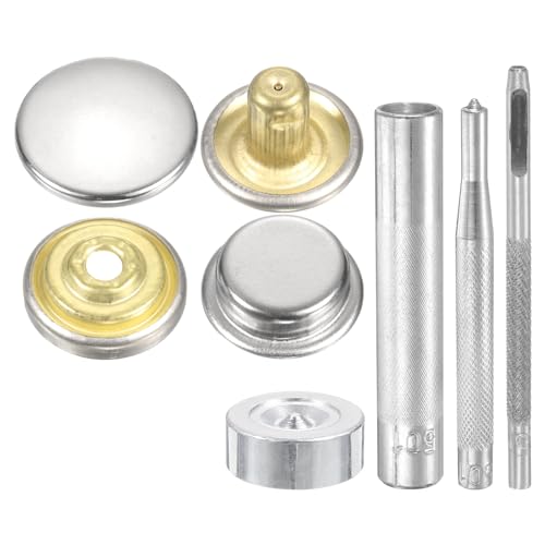 HARFINGTON 24Set Leather Snaps Fasteners Kit 20mm Dia Brass Press-Stud Cap Button 2.95" Length Metal Snap Buttons with 4 Install Tools for Coat Bag Leather Marine Boat Canvas, Silver - color: Silver, size: 20mm