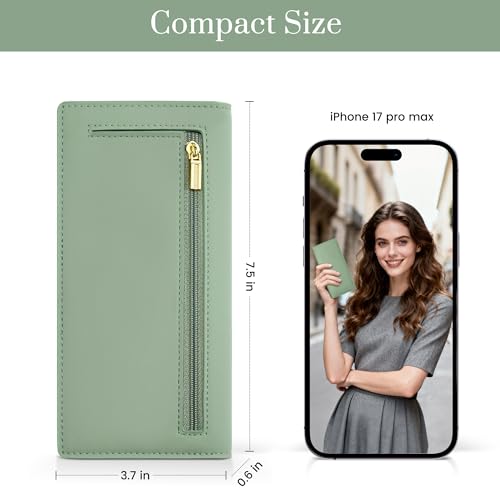 Airkit Slim Women's Wallet, Thin RFID Blocking Wallet for Ladies, Minimalist Credit Card Holder with Zipper Pocket, Matte Green - color: Matte Green