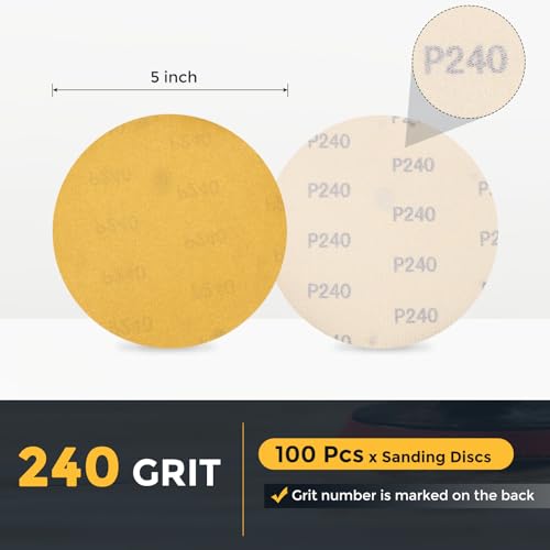 HARFINGTON 100 Pcs 5 Inch Sanding Discs 240 Grit Yellow Aluminum Oxide - size: 5 Inch(240 Grit)