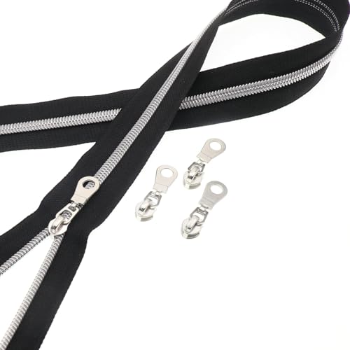 Leekayer #5 Silver Nylon Zipper Bulk 5 Yards Black Tape 10pcs Silver Slider - color: Black-Silver