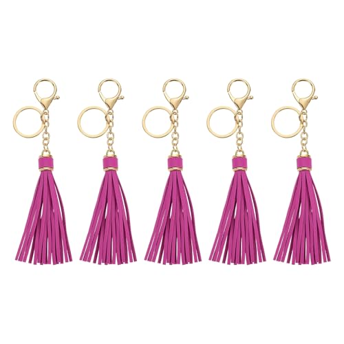 uxcell Leather Keychain Tassels, Women Tassel Bag Charm with Lobster Clasp Key Ring for Handbag Purse - color: Purple Rose Red