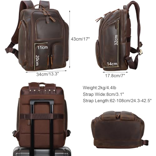 Masa Kawa Vintage Leather 16 Inch Laptop Travel Backpack Bag for Men, Brown | Luggage Strap, Bottle Holder, Multi Pockets, Computer Compartment, Camera Lens Sleeve, Overnight Weekend Trip Camping Daypack