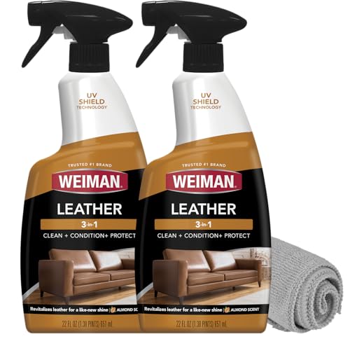 Weiman Leather Cleaner, Conditioner & Protector, 2 Pack Spray with Cloth | UV Protection from Cracking & Fading, All Finished Leather Surfaces, Auto, Sofas, Shoe, Bag & Jacket - size: 22 Fl Oz (Pack of 2)