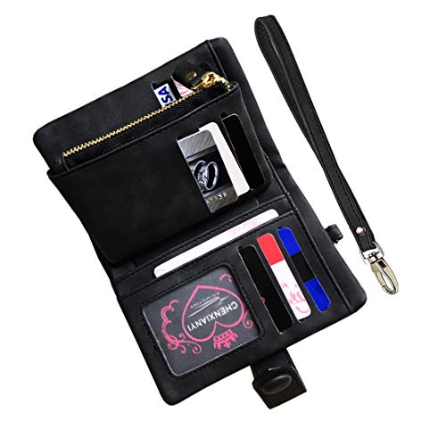 AOXONEL Women's Small Bifold Leather wallet Rfid blocking Ladies Wristlet with Card holder id window Coin Purse - color: Black