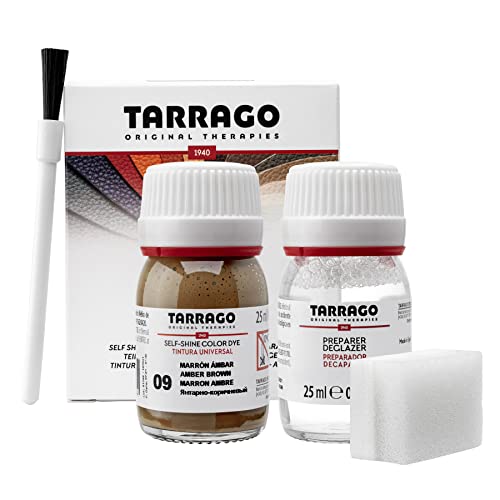 Tarrago Leather Dye Kit with Deglazer and Applicator - Restore & Recolor Shoes, Boots, Purses, Wallets, Jackets, and Furniture - Rich Pigment - 25mL - color: Amber Brown #09