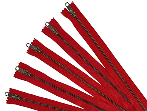 Antique Brass Metal Zippers in Red - #5 Closed-end Zippers - 14 Inch - Set of 5 Pieces by Craftbot - color: Red - Antique, size: 14 inch - 5 pc