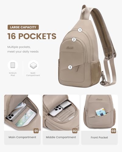 LOVEVOOK Sling Backpack for Women, Convertible Crossbody, Small Diaper Bag, Water-Resistant Hiking Daypack, Travel Shoulder Chest Bag - color: Khaki, size: Small