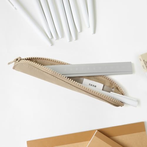 Slim Pencil Case Skinny Pen Case Pen Pouch (Oxford Khaki) | Silver zipper; tough wipe-clean Oxford fabric; holds gel writers and a stylus; fits binders planners and backpacks - color: Khaki