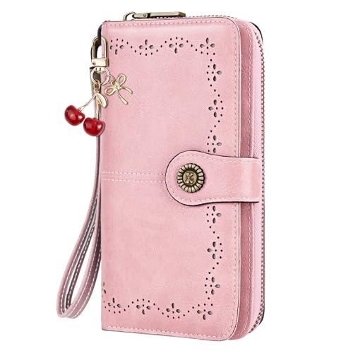 Pink Wristlet Wallets for Women with Cherry Purse Charm PU Wallet | Credit Card Holder, Large Capacity, 12 Card Slots, Zipper Pocket, Ladies Clutch - color: Pink
