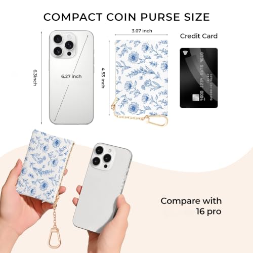 Blue Flower Keychain Coin Purse for Women, Small Change Pouch | Zipper Key Chain Purse, Little Tiny Zip Pocket, PU Leather, Travel Wallet for Girls, Cute Coin Holder, Key Ring, Women Gifts - color: Abstract Blue Flower