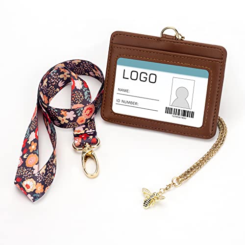 Horizontal Leather ID Badge Holder, Fashion & Novelty Bee Metal Detachable Neck Lanyard, Student ID & Work Card Badge Holder with 1 Clear ID Window & 1 Credit Card Slot (Coffee Brown) - color: Coffee Brown, size: Horizontal