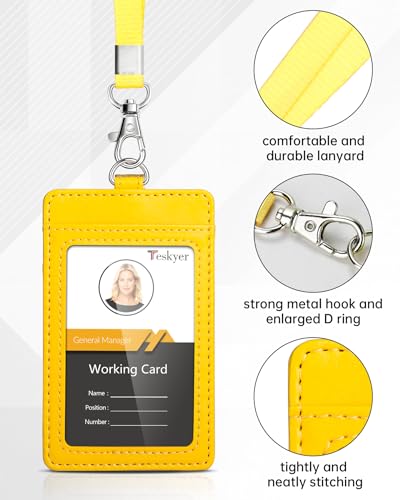 Teskyer Leather ID Badge Holder with Lanyard, Vertical Bright Yellow | Durable Nylon Lanyard, Rear Card Pocket, Scan Without Removing Card, Built to Last, Work & Cruise Ready - color: Bright Yellow, size: Vertical