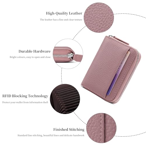 SENDEFN RFID Credit Card Holder for Women Small Leather Zipper Card Case Wallet 15 Slots - color: J-Pink