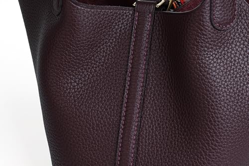 Genuine Leather Bucket Bag with Shoulder Strap, Organizer Insert & Silk Scarf for Women Handbag Tote Bag - color: Saddle Red-gold