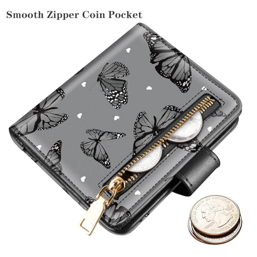 Small Wallets for Women Slim Minimalist Bifold Credit Card Holder | Compact, Zipper Coin Pocket, Mini Purse Ladies, RFID Blocking, PU Leather, Travel Card Case, Female Gifts, Butterflies - color: Butterflies