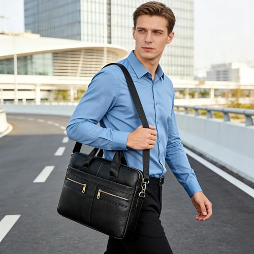 Genuine Leather Briefcase for Men, Laptop Computer Shoulder Bag With Strap, 15.6 Inch Business Travel Work Handbag - color: 3316 Black