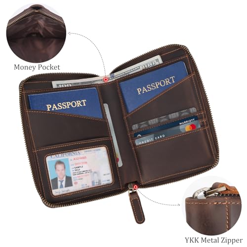 Polare Full Grain Leather Dual Passport Wallet and RFID Blocking Bifold Passport Cover Travel Document Organizer Holder 2 Passports (Dark Brown)