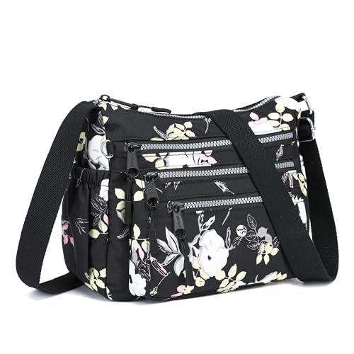 AOCINA Nylon Crossbody Bags for Women Multi Pocket Cross Body Purses - color: Black Flowers, size: Large