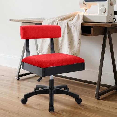 Lessmore Adjustable Height Sewing and Crafting Chair with Wheels, Back Support, and Under Seat Storage - Perfect for Your Craft Room Furniture and Craft Machines (Red) - color: Solid-Red