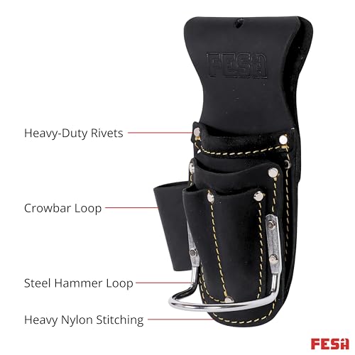 FESA Tool Belt Hammer Holder - Leather Multitool, Pliers & Hammer Holster with Pockets for Drill Bits or Markers - Heavy Duty Small Tool Pouch for Carpenters - Clip On Any Belt - Handcrafted - color: Black