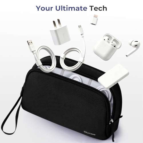 Skycase Travel Cable Organizer - Lightweight Water Resistant Dual-Layer Tech Pouch with Wrist Strap 9 Compartments Electronic Organizer Travel Case for Charger Cord Hard Drive,Large,Black - color: Black, size: L