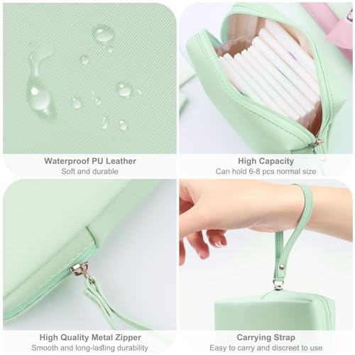 Sanitary Napkin Period bag for Women, Sanitary Napkin Storage Bag, PU Leather Sanitary Pad Bags Pounch, Portable Tampons Zipper Organizer Bag with Handle for Ladies - color: Mint